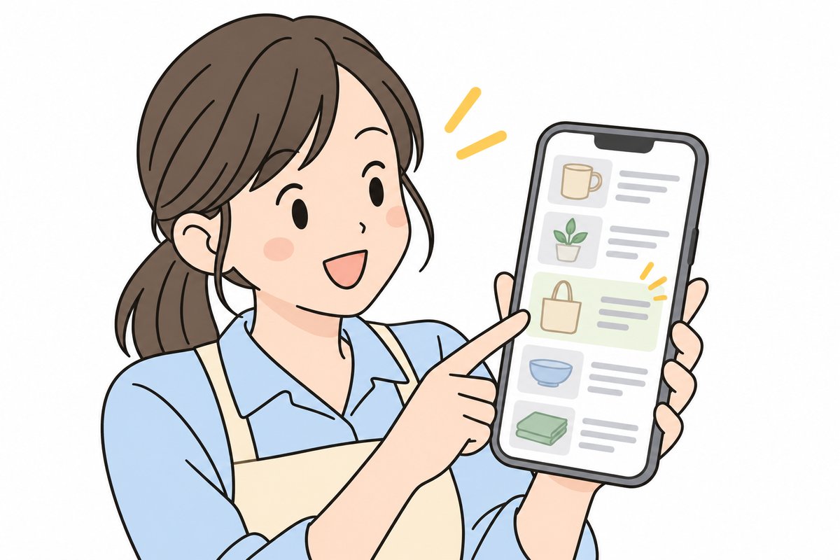 検索結果で自分の商品を探す様子