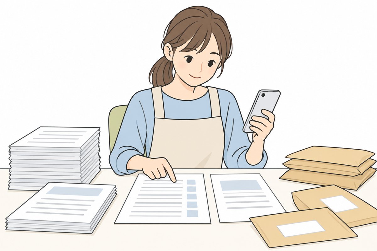 出店書類を机に広げて確認する担当者