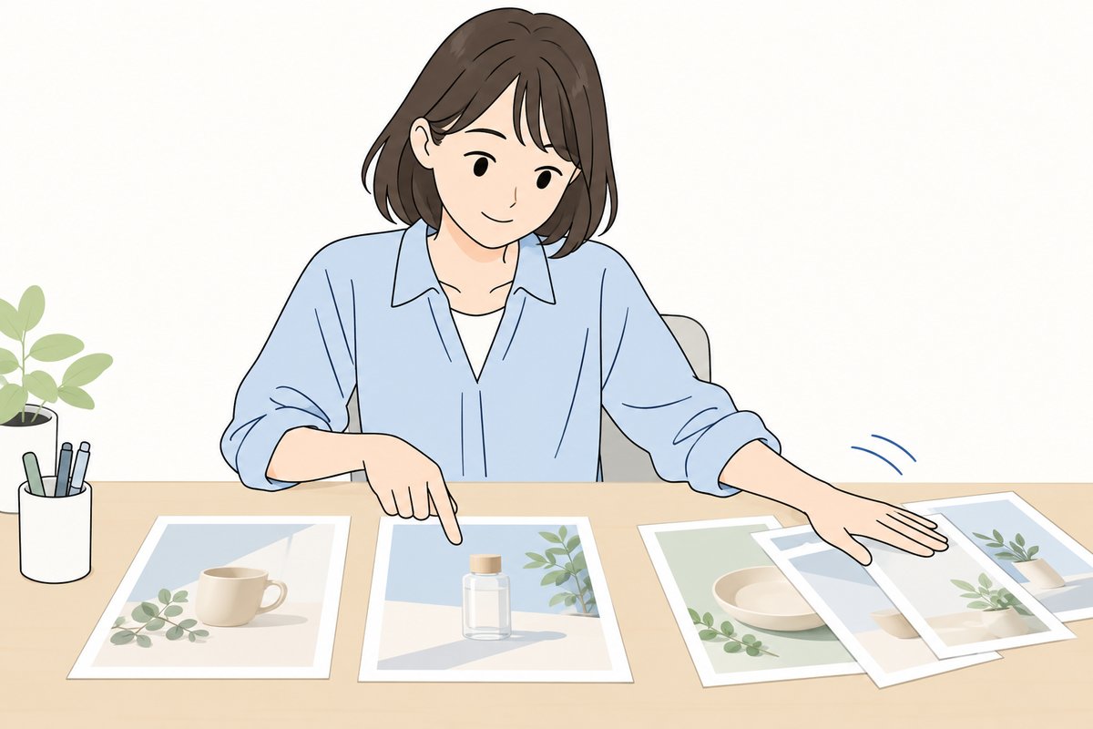 商品画像の案を並べて1枚を選ぶ担当者