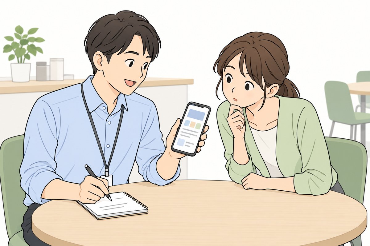 同僚にスマホの商品ページを見てもらう様子